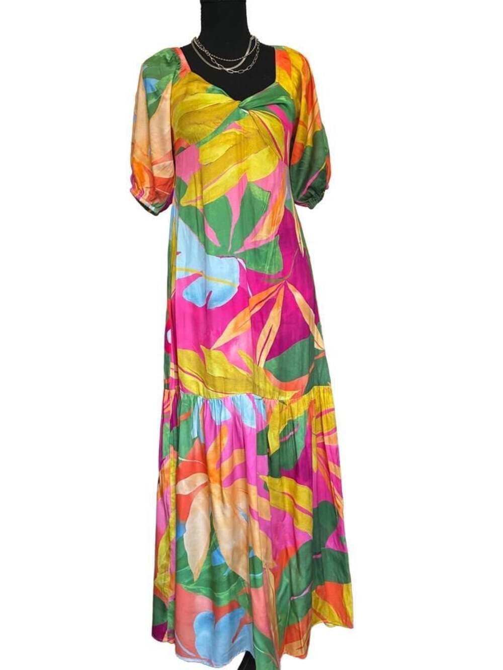 **Anthropologie-Self Contrast Tropical Print Off-Shoulder Tiered Maxi Dress-Size